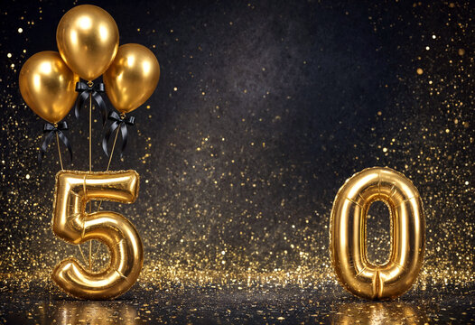 Golden foil balloons shaped as number fifty with shiny confetti background perfect for anniversary celebration