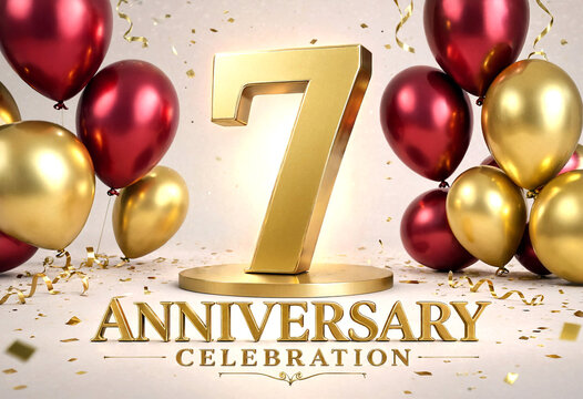 Golden number seven anniversary celebration with balloons and confetti for special events and milestones