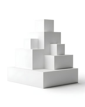 Abstract stepped podium made of smooth matte white blocks, architectural product display aesthetic isolated on white background