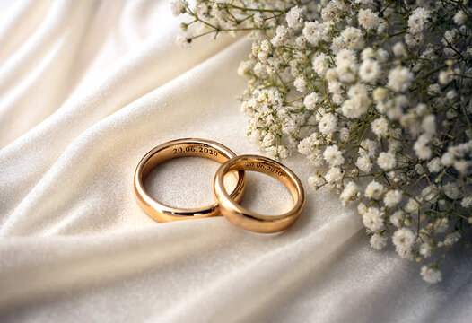 Golden wedding rings with engraved date resting on elegant fabric beside delicate baby breath flowers