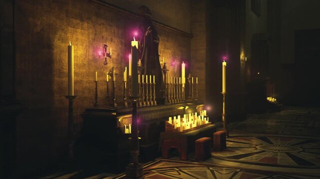 Elevated church space. Serene chapels with lighting. Dimly lit aisle with clustered candles. Atmospheric pathway with textured floor and soft illuminations