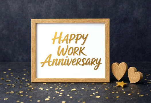 Happy work anniversary celebration with framed sign and wooden hearts on glittery surface