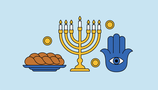 Traditional Jewish cultural symbols including a golden menorah, challah bread, and blue hamsa hand protection amulet.