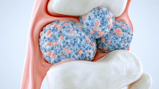 This diagram displays rheumatoid arthritis synovial inflammation with a cross-section of a joint showing cell infiltration in a soft color palette.