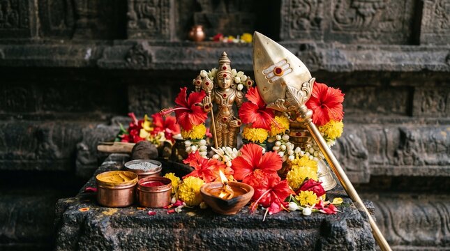 Skanda Sashti Lord Murugan Altar with Sacred Vel, Red Flowers, Kumkum and Traditional Diya