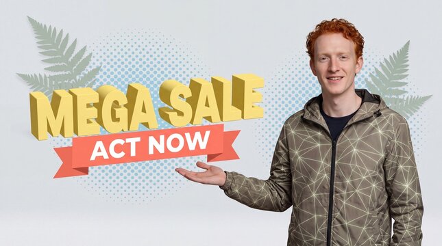 Young man presents mega sale act now advertisement banner