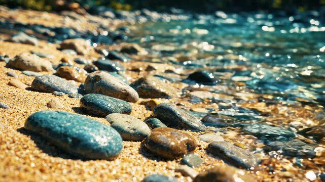 Clear River Water Flowing Over Smooth Pebbles on a Sandy Shore