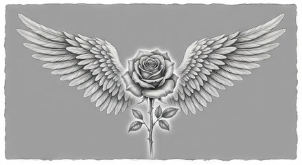 Fototapeta premium Grayscale Rose with Feathered Wings Illustration