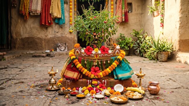Tulasi Vivah Hindu Festival with Sacred Tulsi Plant, Diyas, Flowers and Wedding Decorations