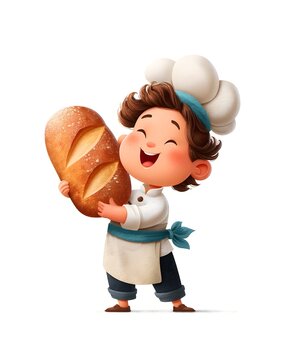Character illustration holding a freshly baked bread loaf with simple clean styling, commercial mascot-style product asset isolated on white background