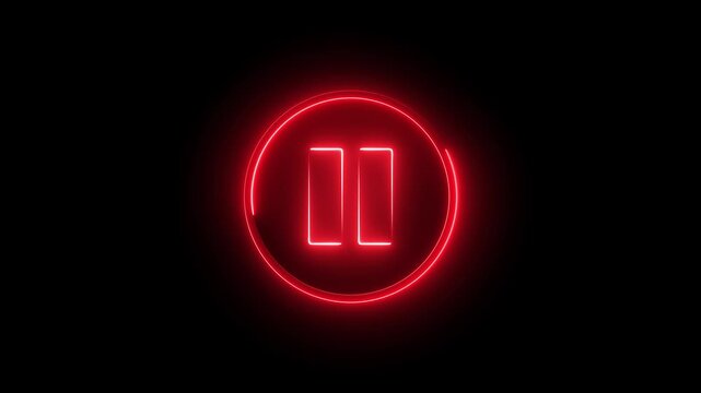 Neon pause button sign icon animation glowing red color player pause circle stop music video and audio media control sign symbol on black background