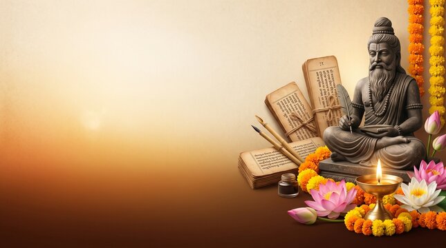 Valmiki Jayanti Festival Banner with Sage Valmiki, Ramayana Heritage, Books and Copy Space