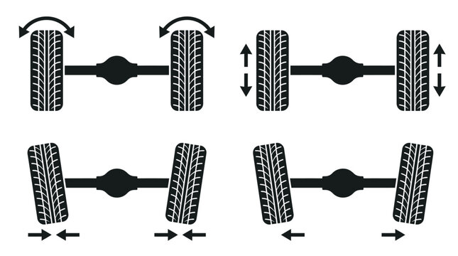 Detailed black and white vector illustration showing various wheel alignment angles and steering geometry settings
