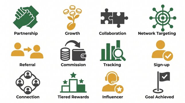 Affiliate marketing icon set, flat design illustrations with partnership, growth, collaboration, and network targeting, isolated on white background, for business and digital marketing concepts
