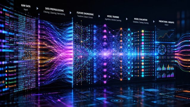 Visualization of neural network processes from raw data to prediction outputs using colorful data flow and layered machine learning structures.