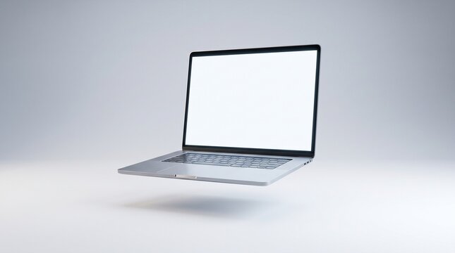 Modern silver laptop with blank screen floating against a clean white studio background.