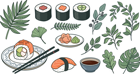 Japanese cuisine sushi vector illustration collection set featuring maki rolls nigiri chopsticks ginger wasabi soy sauce and botanical leaves isolated on white background. © Lili Begum