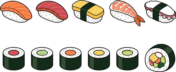 Japanese cuisine sushi vector illustration collection set featuring salmon tuna tamago ebi shrimp octopus nigiri maki and futomaki rolls isolated on white background. © Lili Begum