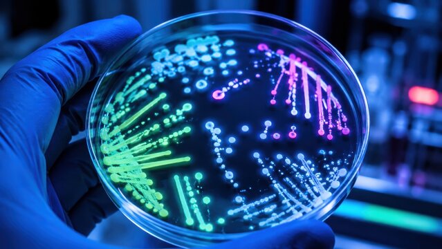 A gloved hand holds a petri dish displaying colorful bacterial colonies glowing under UV light in a laboratory setting.