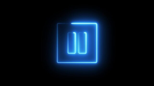 Neon pause button sign icon animation glowing blue color player pause circle stop music video and audio media control sign symbol on black background