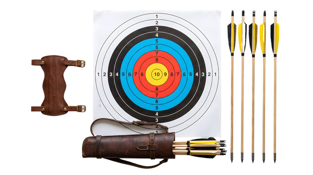 Archery set with target arrows quiver and armguard for recreational shooting practice.