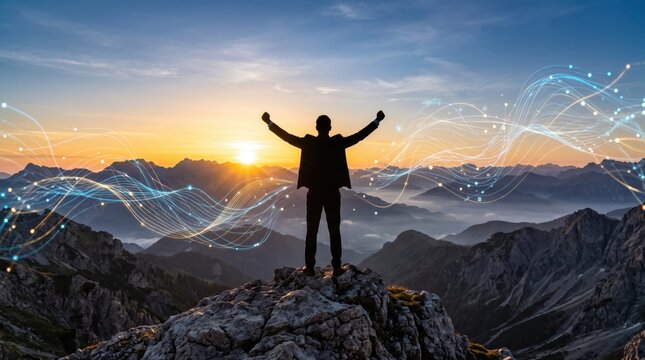 Successful businessman silhouette standing on mountain peak at sunrise with arms raised in victory, surrounded by abstract digital data waves and network connections