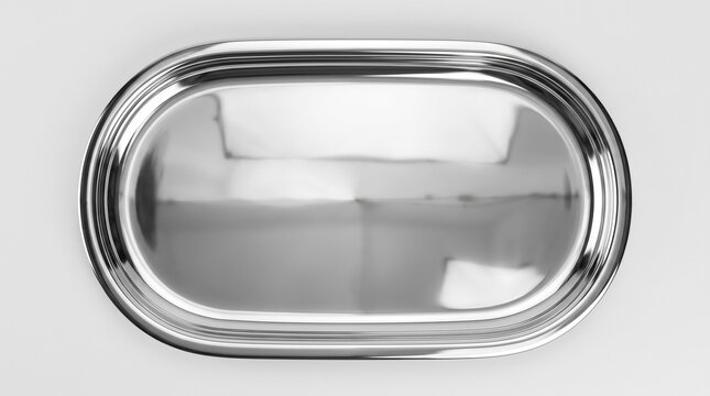 A polished oval silver tray rests on a white background for food service.