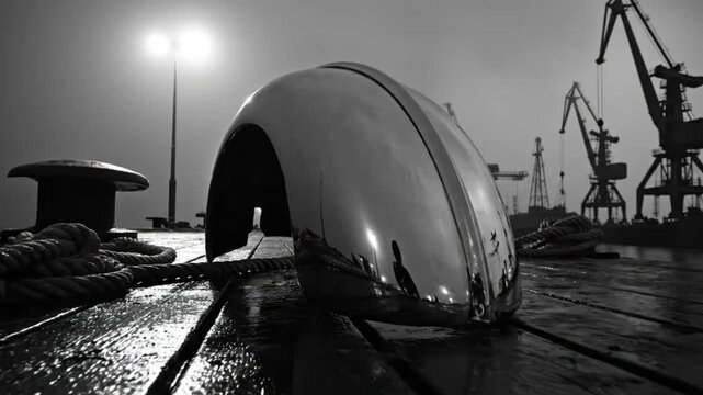Chrome fender resting on wooden pier with cargo cranes, fog, and rope in black and white