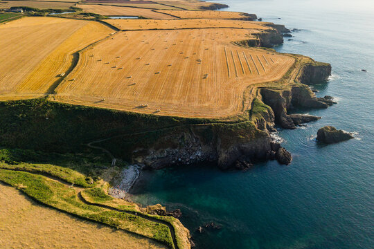 Coastal trail running between golden stubble fields and rocky cliff tops above turquoise cove, agricultural land use along Atlantic coastline, elevated drone view