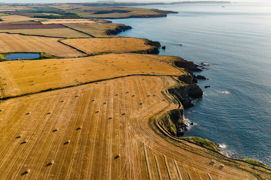 Harvested fields with round hay bales along coastal cliffs in Pembrokeshire, Wales, evening sunlight illuminating farmland above calm blue ocean waters, aerial shot