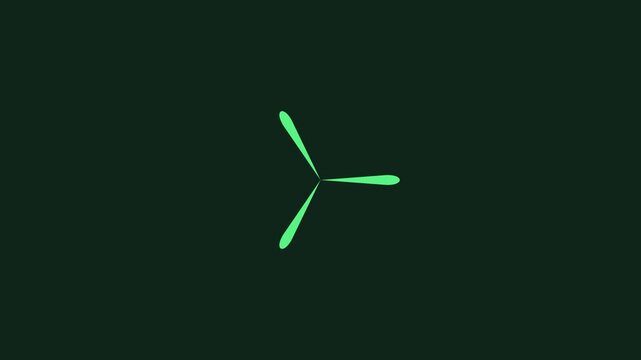 Minimalist green three-blade spinner animation rotating on dark 4k background, loading motion