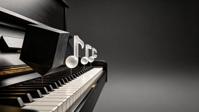 Glowing musical notes above piano keys