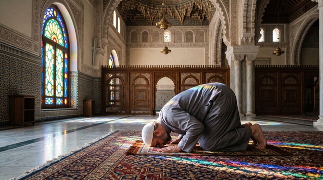 Man praying in a beautifully designed mosque with colorful stained glass