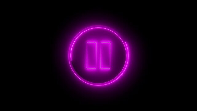 Neon pause button sign icon animation glowing pink color player pause circle stop music video and audio media control sign symbol on black background