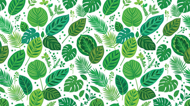 Tropical houseplants seamless pattern vector illustration featuring green calathea maranta monstera and fern leaves foliage backdrop isolated on white background.