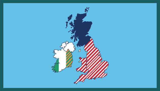 United Kingdom and Ireland map vector illustration with England Scotland Wales and Northern Ireland regions colored for geography education graphic design