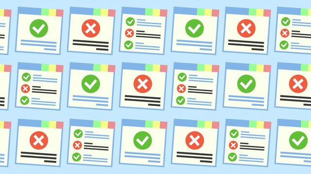 Seamless pattern of web browser windows with checkmark pass, cross mark error, and survey checklist icon on light blue background animation for website quality assurance wallpaper.
