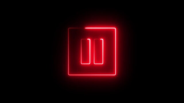 Neon pause button sign icon animation glowing red color player pause circle stop music video and audio media control sign symbol on black background