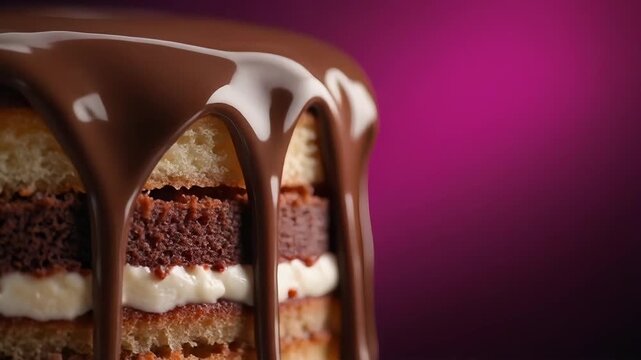 Macro video of glossy chocolate cream dripping down the edge of a layered sponge cake