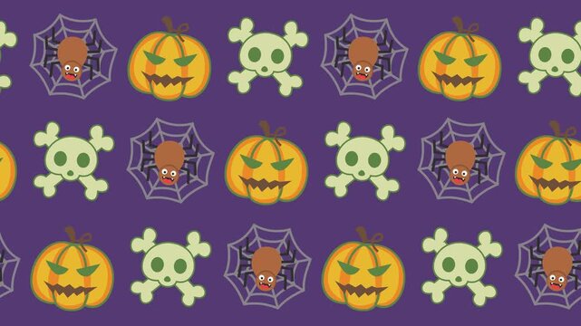 Seamless pattern of cute Halloween jack-o-lantern pumpkins, skull crossbones, and cobweb spiders on a purple background animation for spooky Halloween party wallpaper and trick-or-treat celebration.