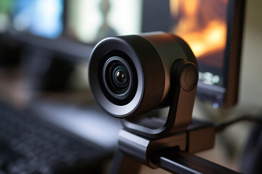 Close-up of a modern black webcam on a computer monitor.