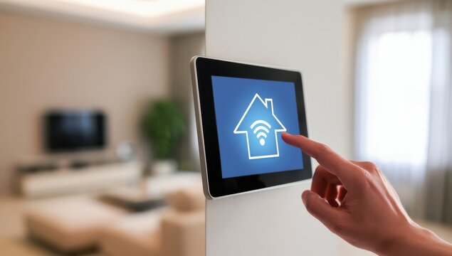 A finger is touching a smart home control panel displaying a house icon with a Wi-Fi symbol in a modern living room.