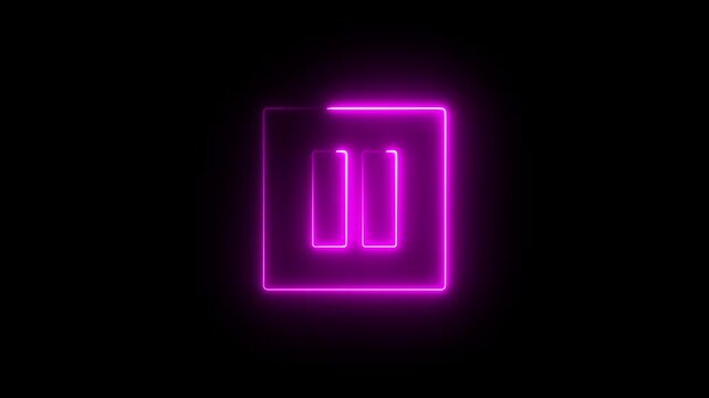 Neon pause button sign icon animation glowing pink color player pause circle stop music video and audio media control sign symbol on black background