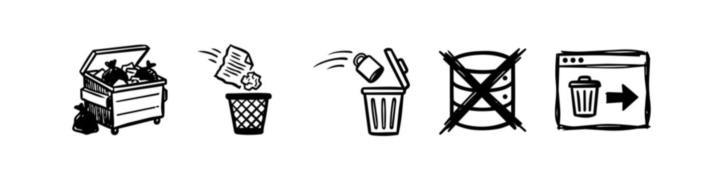 Hand-drawn doodle icons representing waste management, recycling, and digital data deletion. Set of black and white sketch icons including trash cans, a dumpster, and database removal symbols.