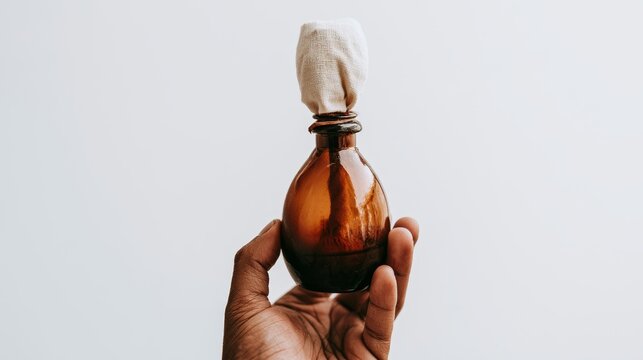 Hand holding a brown glass bottle with a cloth wick against a clean white background, representing a simple homemade torch, flammable container, emergency lighting and traditional fire-making concept