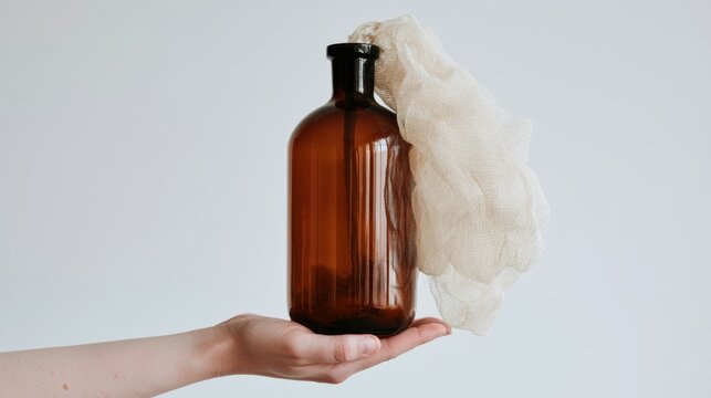 Hand holding a brown glass bottle with a cloth wick against a clean white background, representing a simple homemade torch, flammable container, emergency lighting and traditional fire-making concept