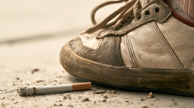 Worn sneaker crushing a cigarette on concrete ground from a low angle, symbolizing quitting smoking, breaking unhealthy habits, lifestyle change, personal health, determination, and a fresh start