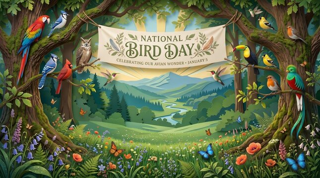 Whimsical Forest Scene Celebrating National Bird Day with Diverse Avian Life and Vibrant Flora