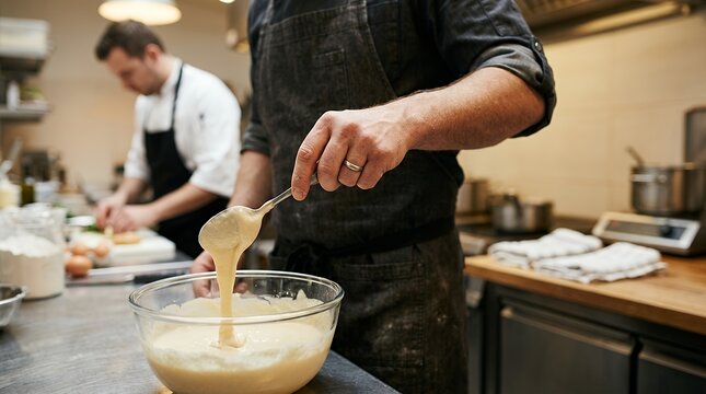 Close-up view of male hand holding spoon checking consistency of batter mix while chef prepares ingredients in kitchen focused on culinary creation Male Hand and Spoon Checking Consistency hands