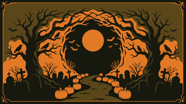 A spooky pixel art halloween background featuring a glowing full moon dark twisted trees a graveyard and orange pumpkins at night